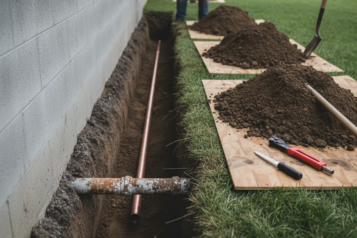 Excavated water line trench during Water Softener Installation in Dawson